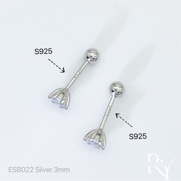 Solid Silver 6 prongs CZ Diamond Stud Screw bakcks Earrings-ESB022 Silver 3mm - Picture 4 of 10